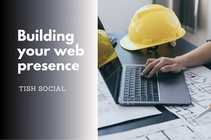Laptop with construction plans and hard hat symbolising web design and SEO support for local trades and businesses in Gloucestershire.